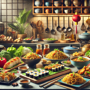 DALL·E 2024-08-31 18.30.42 - A vibrant kitchen scene featuring a variety of authentic Asian dishes from different regions, including sushi, stir-fried noodles, curry, and dumpling